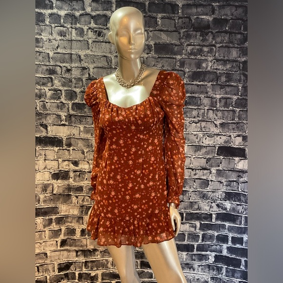 Rust Floral Print Long Sleeve Babydoll Dress - Picture 6 of 8